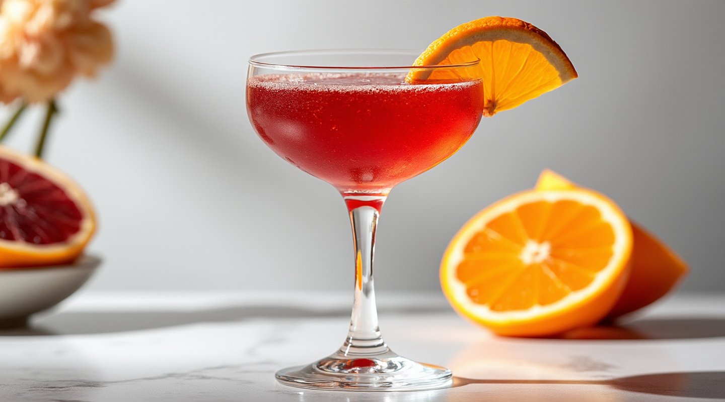 Damn The Bloody Weather cocktail served in a coupe glass.