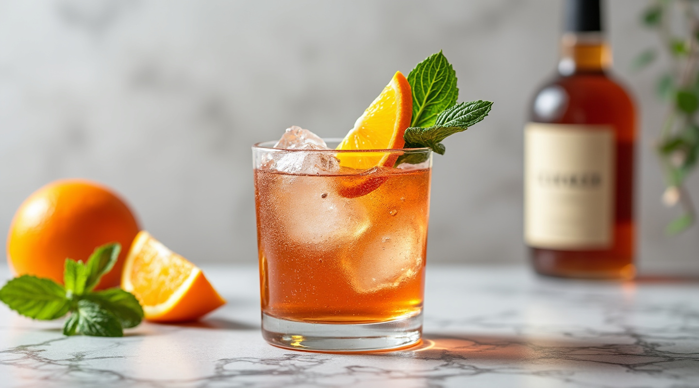 Kroton Cup cocktail in a Collins glass with mint and orange garnish