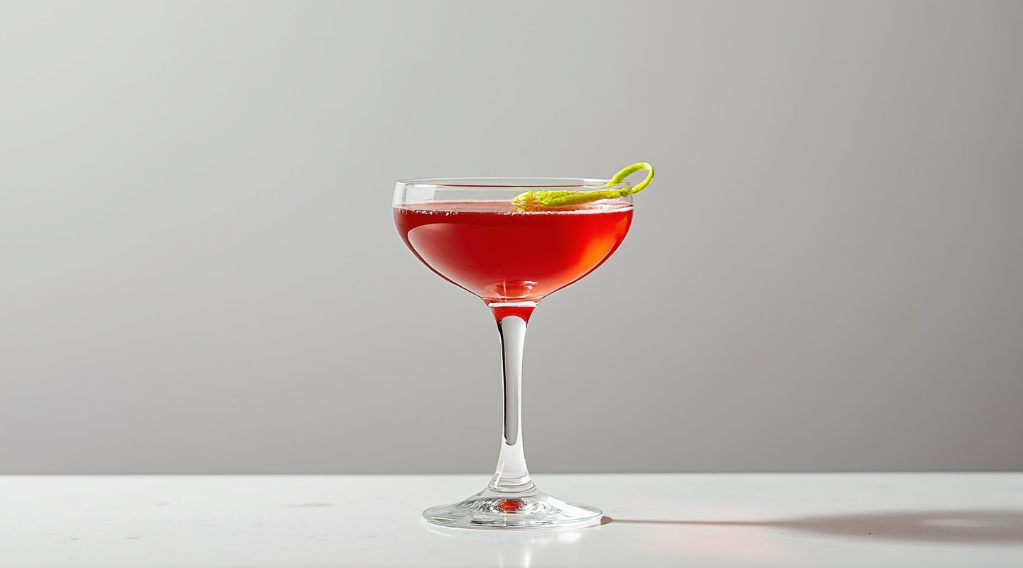 Red Echo cocktail in a chilled glass with a lime zest garnish