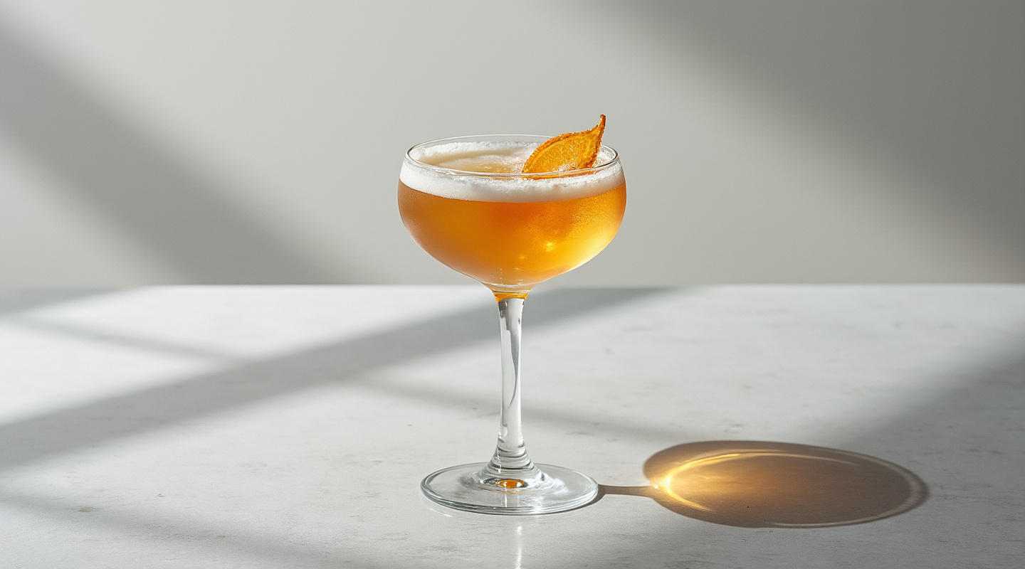 Weather Up cocktail in a Coupe glass garnished with an orange zest twist