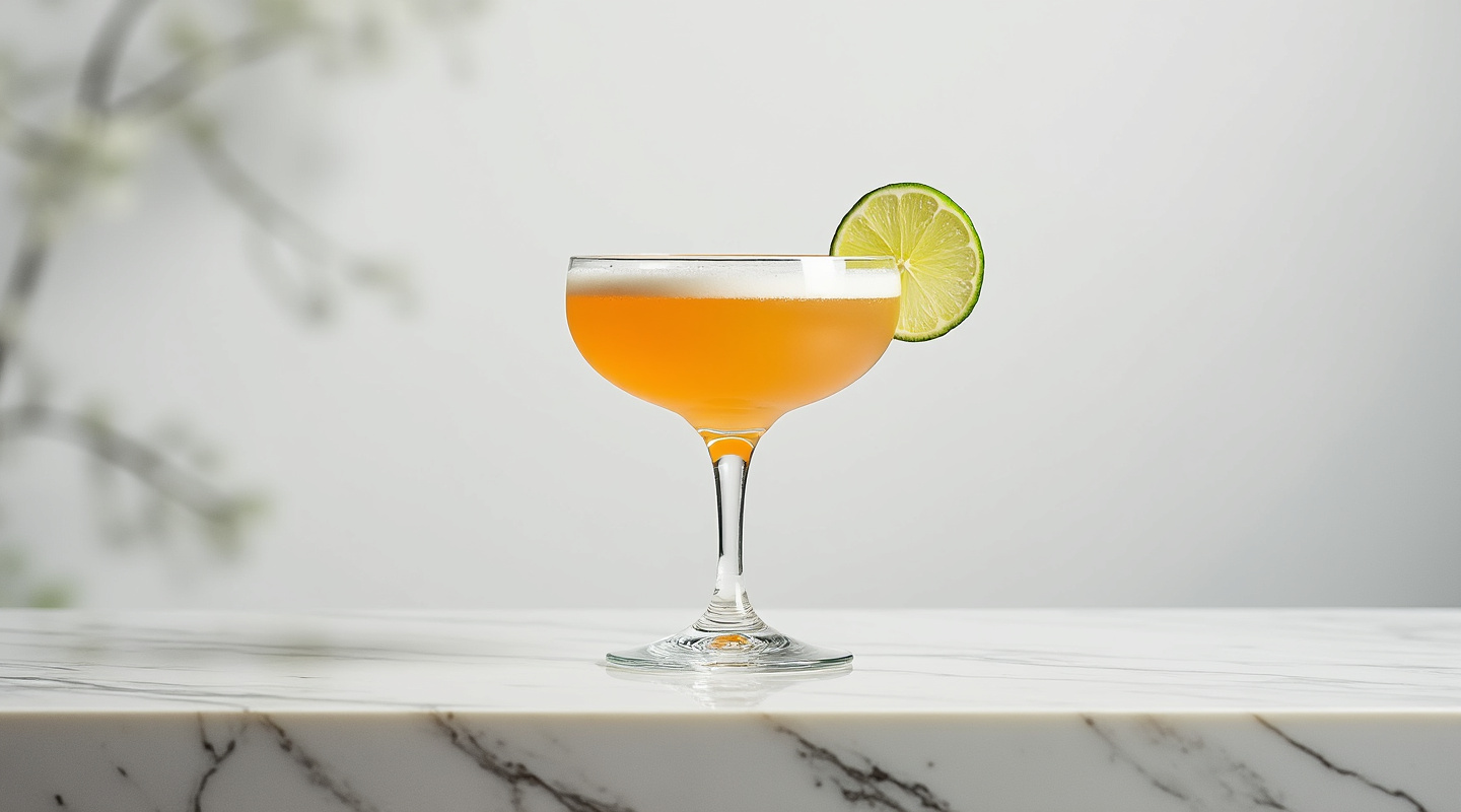 A coupe glass filled with a Wogan cocktail, garnished with lime zest.