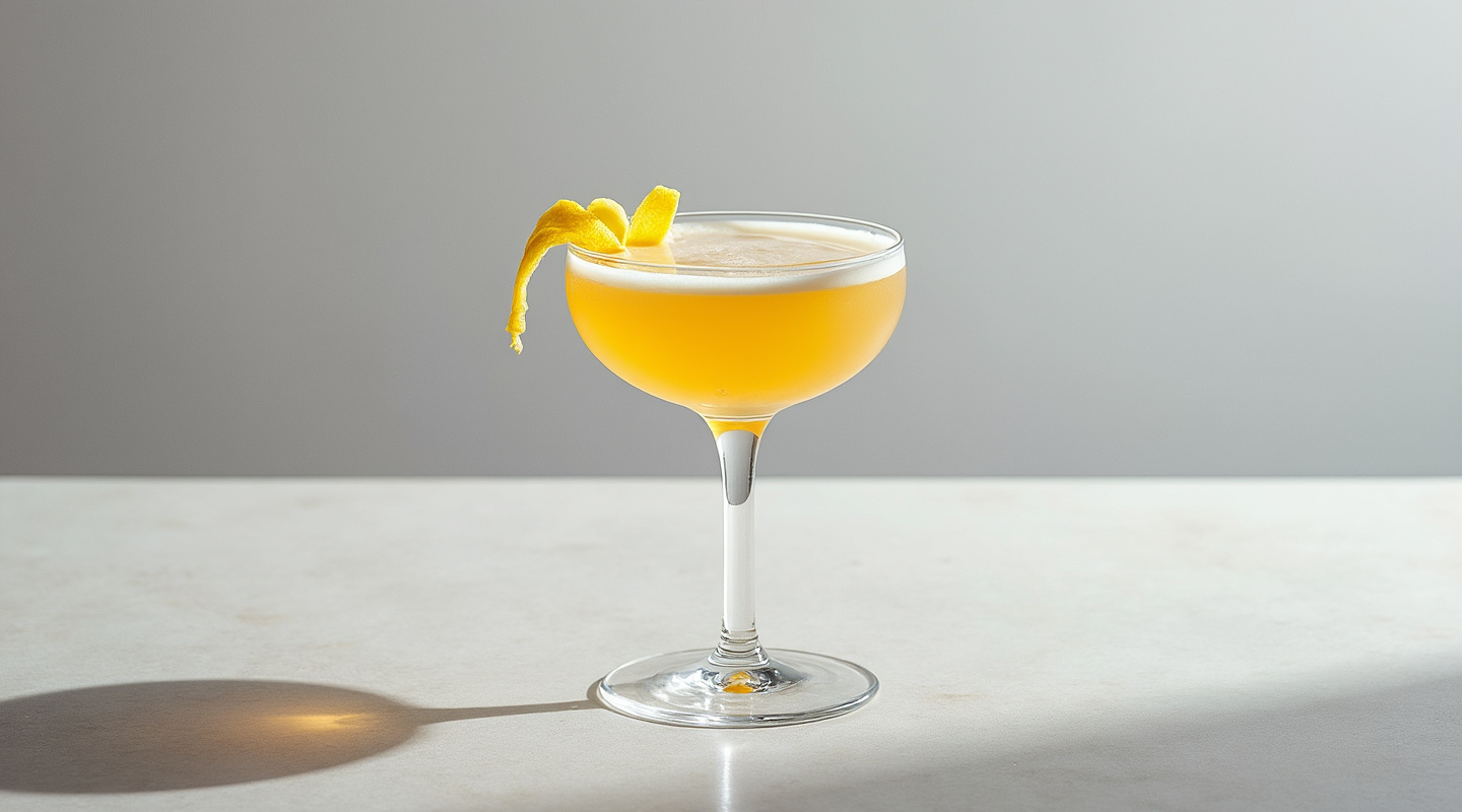 Triple A cocktail in a chilled coupe glass with lemon zest garnish