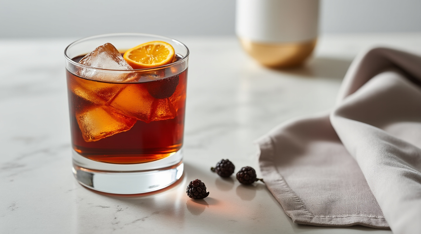 A Blackthorn No. 2 cocktail served in a Nick & Nora glass