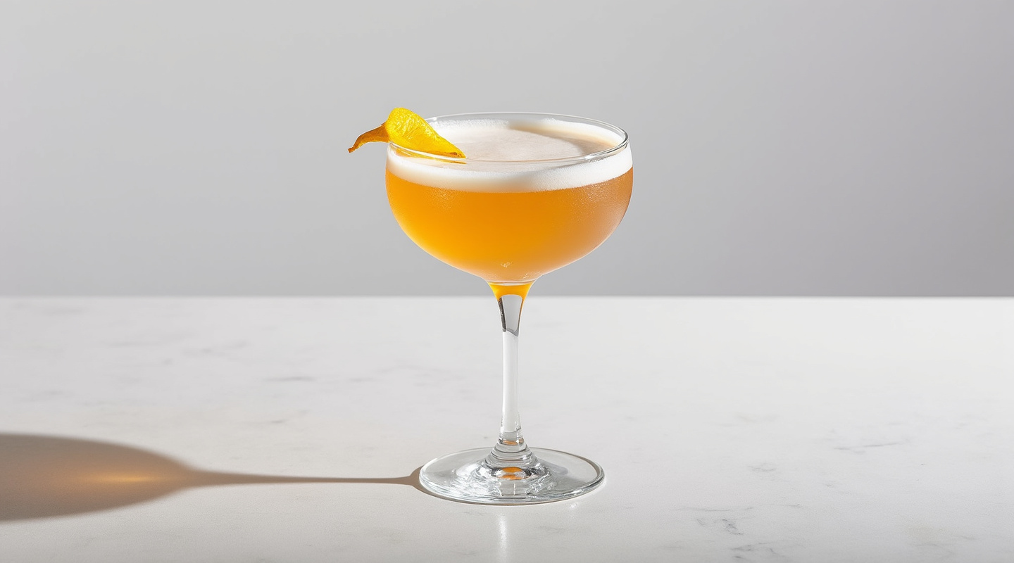 Whiskey Daisy No.3 in a chilled glass garnished with a lemon zest twist