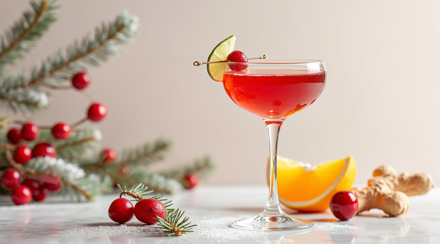 Yule Luv It cocktail served in a chilled coupe glass with a skewered crystalised ginger garnish.
