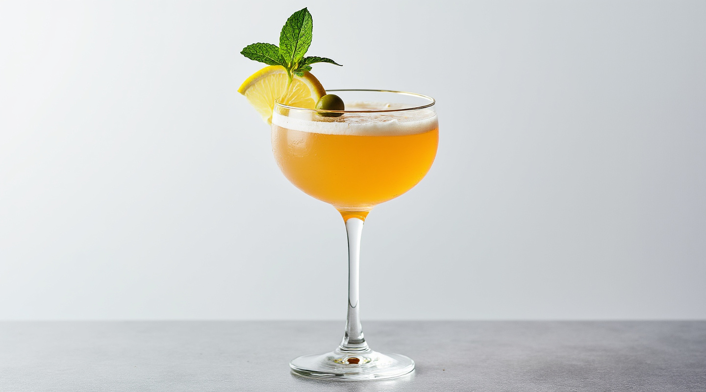 Savoia Plane cocktail in a Nick & Nora glass garnished with a green olive