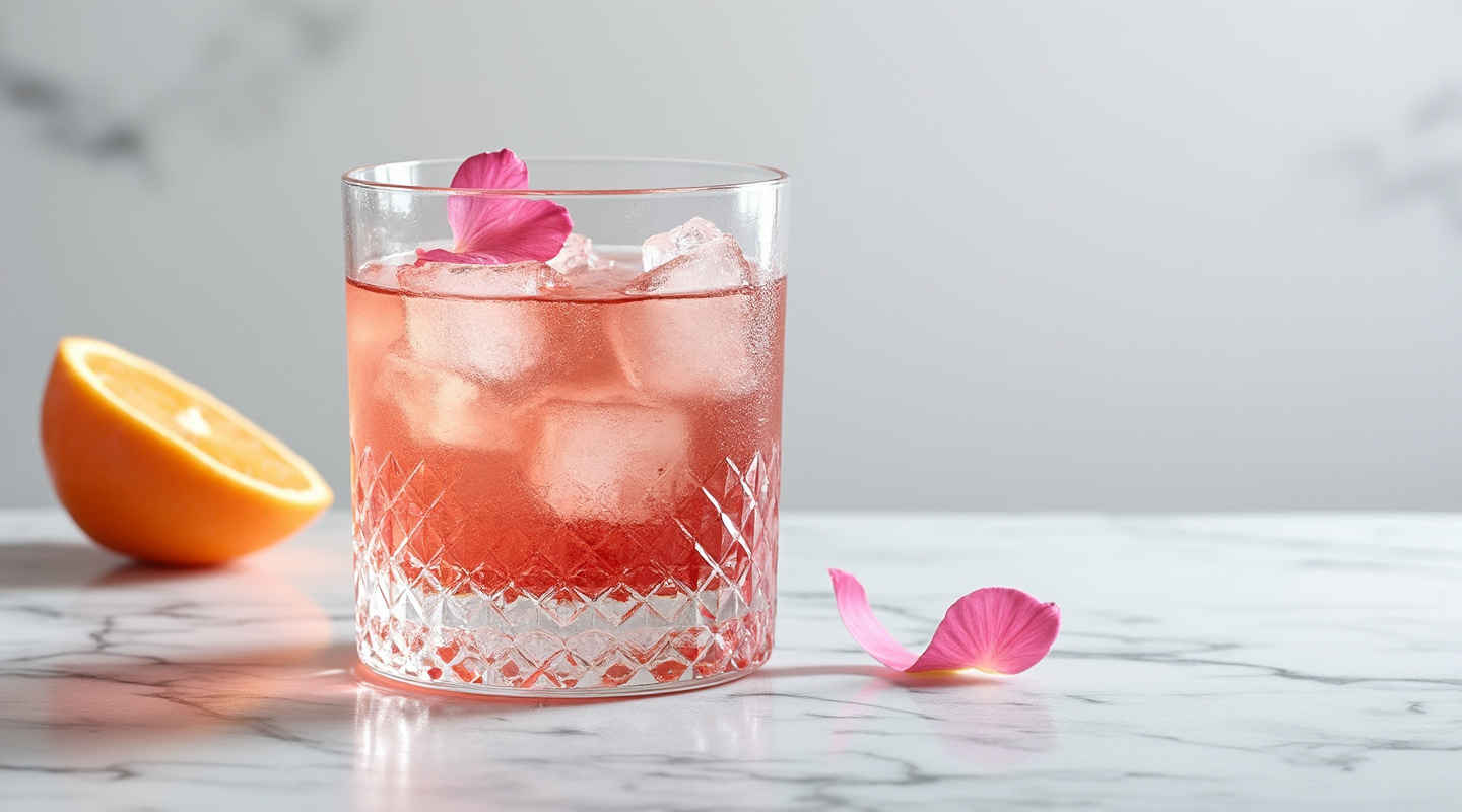 A Pinky Negroni garnished with a pink rose petal