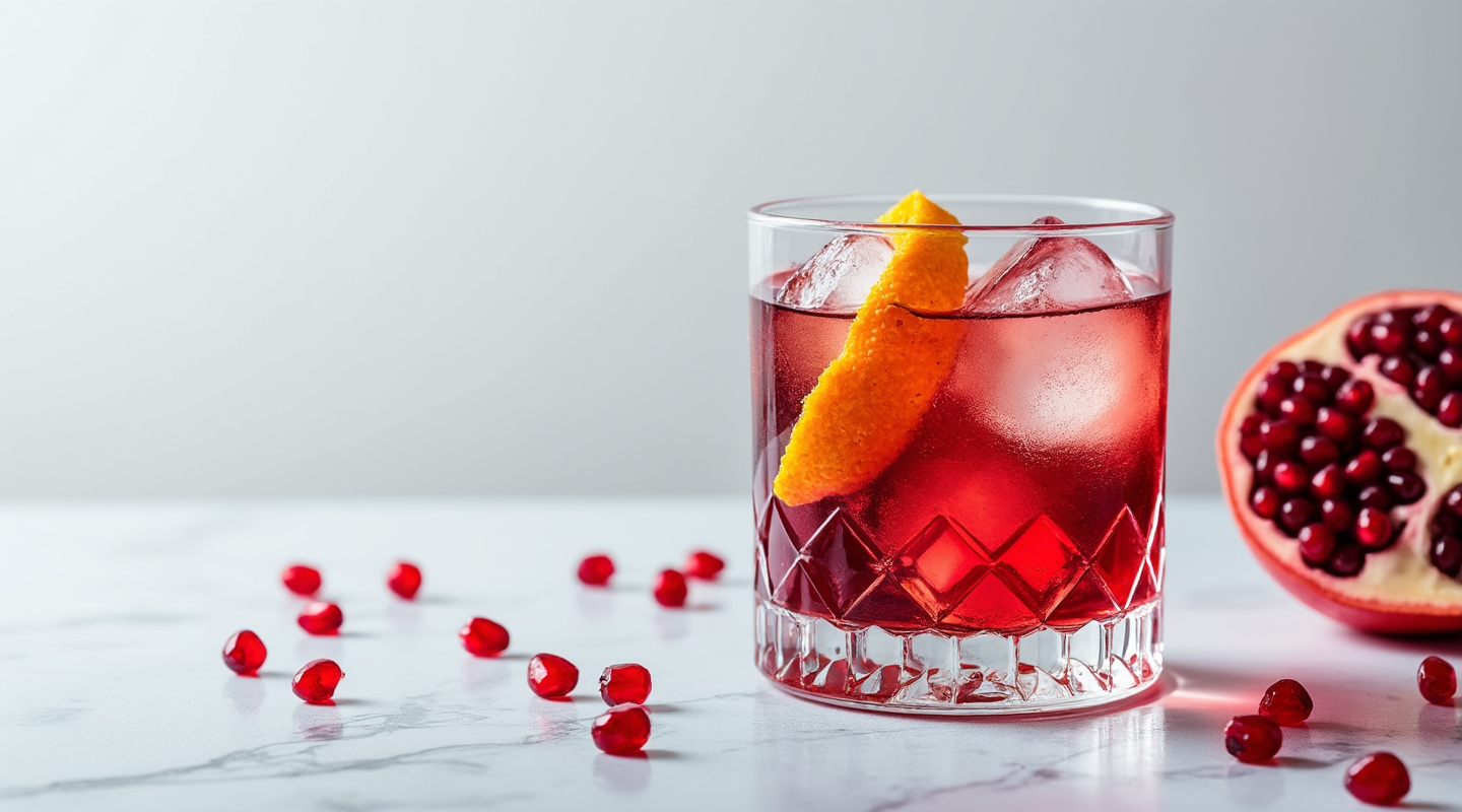 Pomegranate Negroni cocktail in a glass with orange garnish