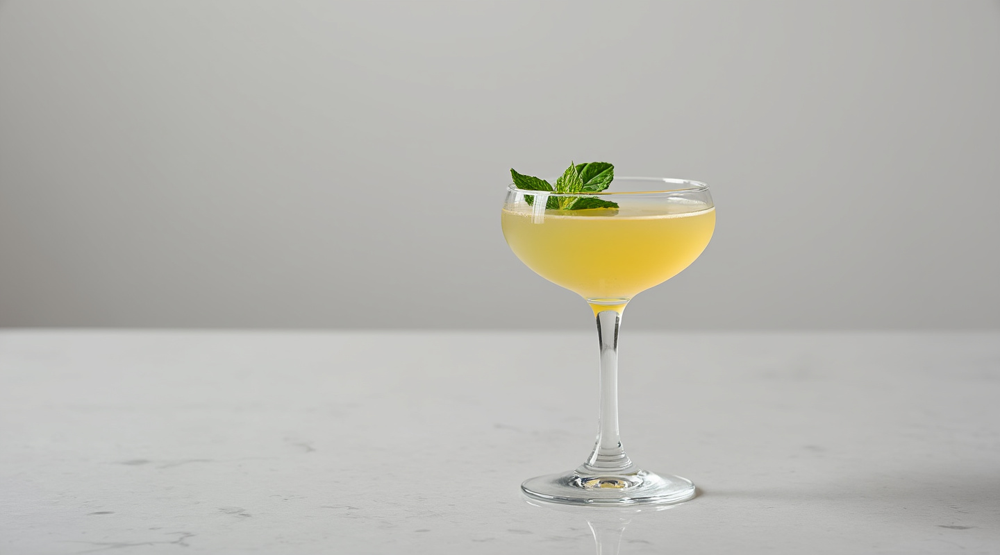 A Minty Mellow Yellow cocktail served in a chilled Nick & Nora glass.