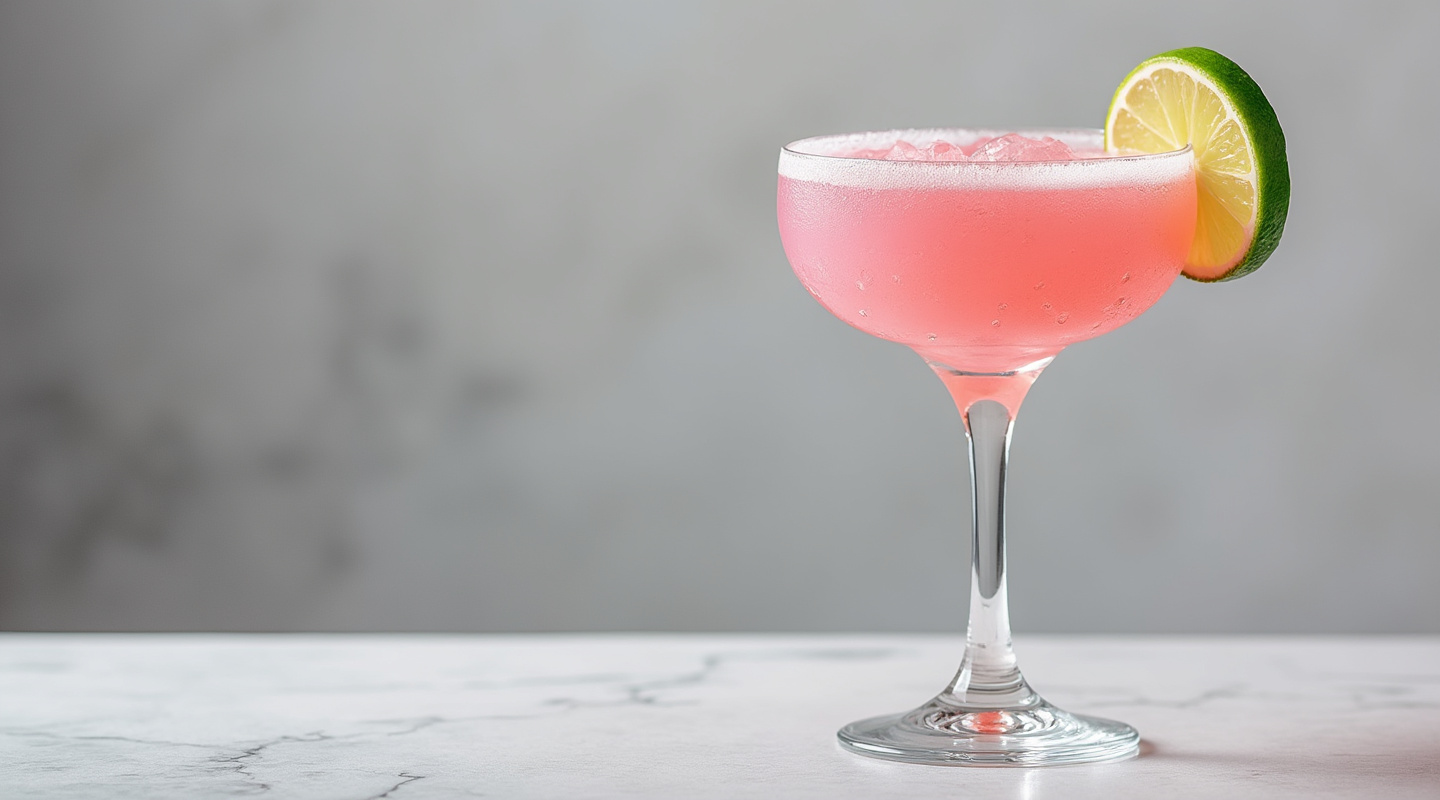 Pink Frozen Margarita in a coupe glass garnished with a lime slice wheel