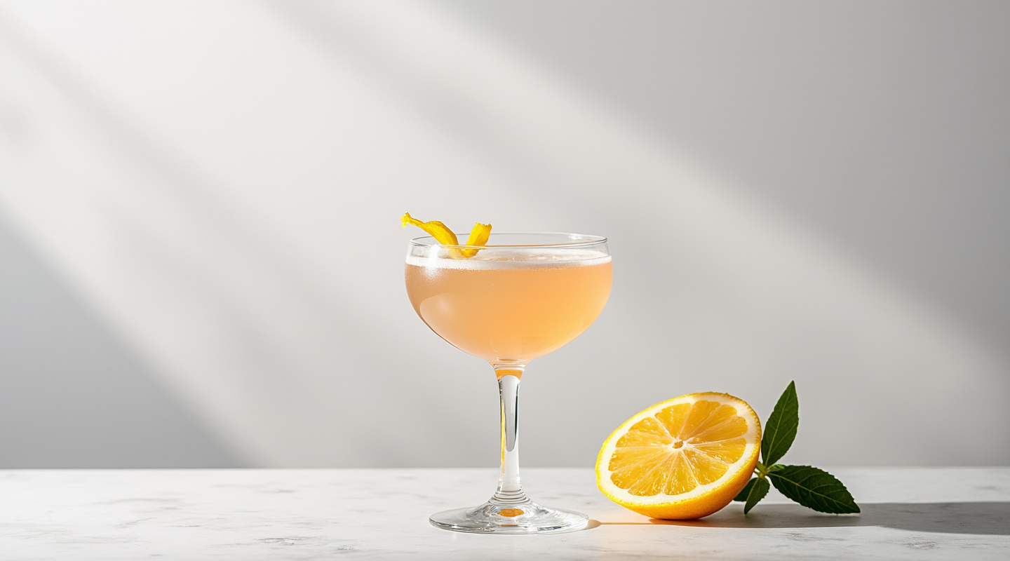 Soft Focus cocktail in a Coupe glass garnished with lemon zest twist