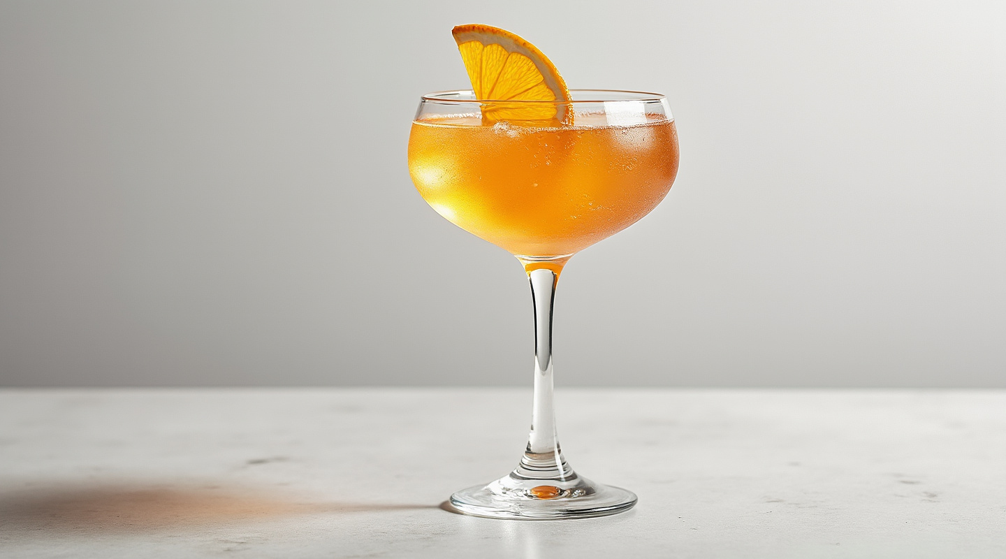 A refreshing Mule-mosa served in a flute glass garnished with a thin orange wedge