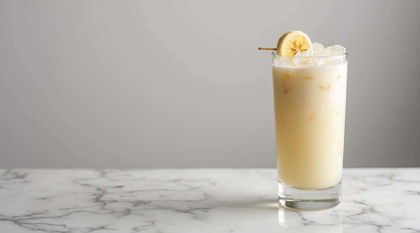 A glass of Banana Cow cocktail garnished with banana chunk