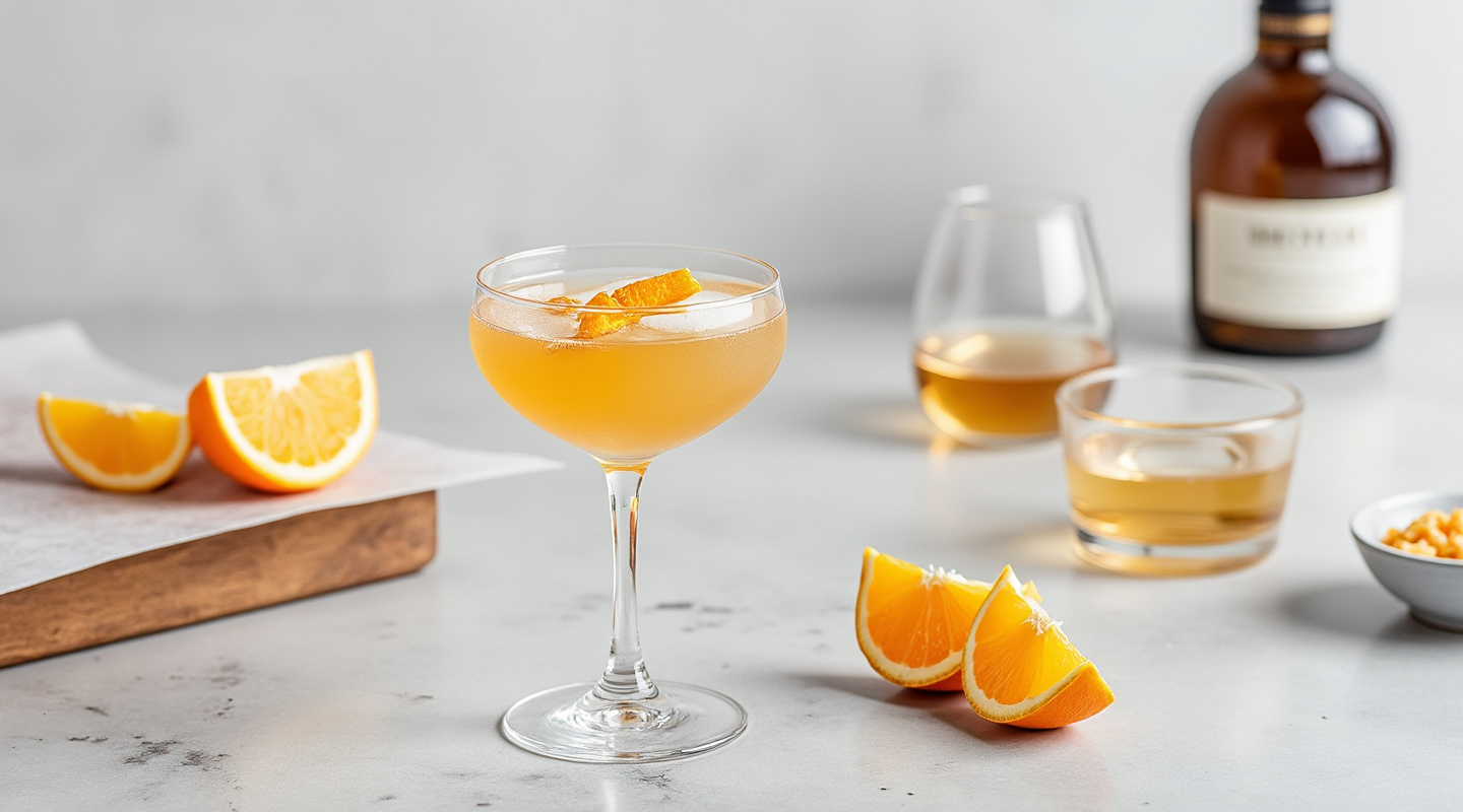 Campden cocktail in Nick & Nora glass with orange zest garnish