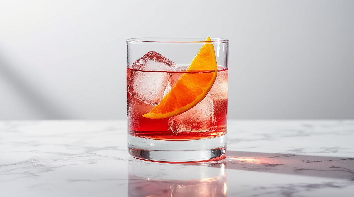 Negroni Rosa cocktail with orange zest twist garnish in an Old-fashioned glass