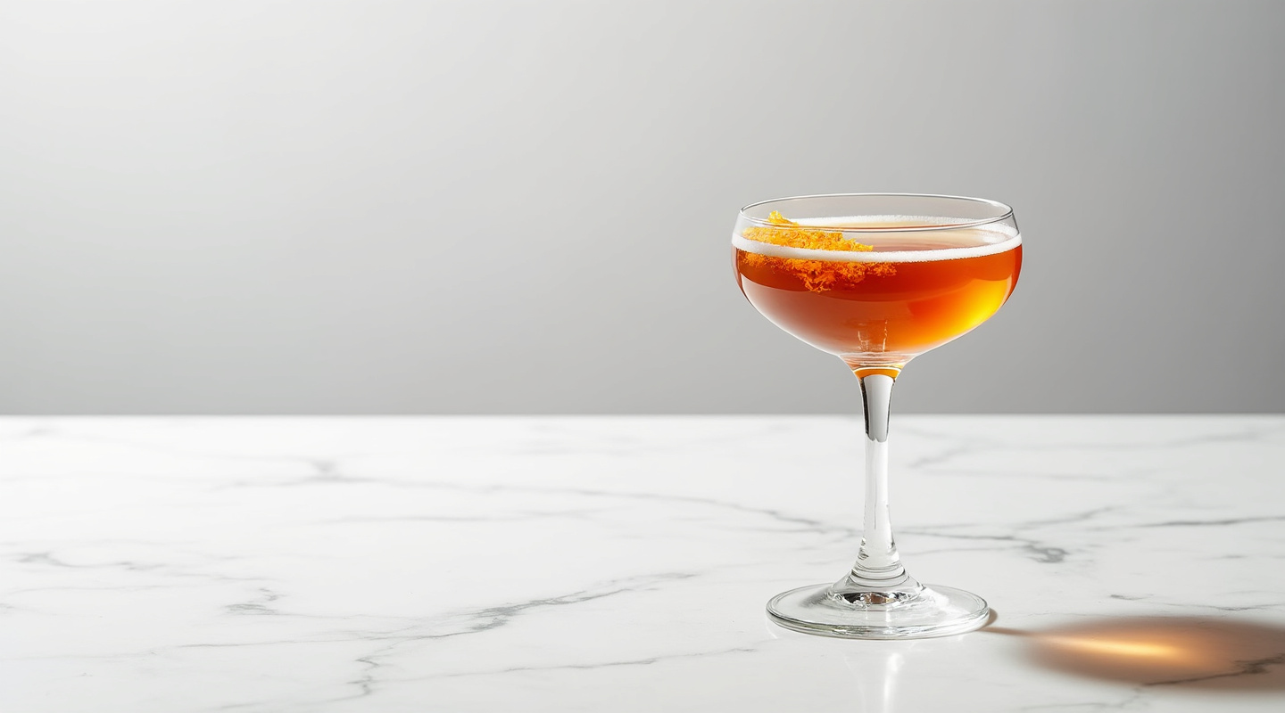 A sophisticated cocktail served in a chilled coupe glass, garnished with an orange zest twist.