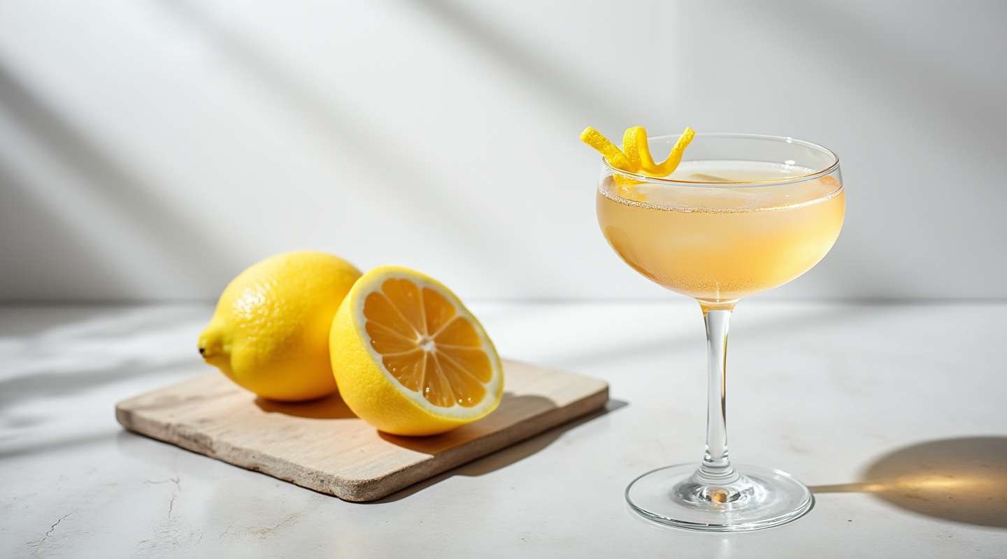 A beautifully crafted Meridian cocktail served in a Nick & Nora glass, garnished with a lemon twist.