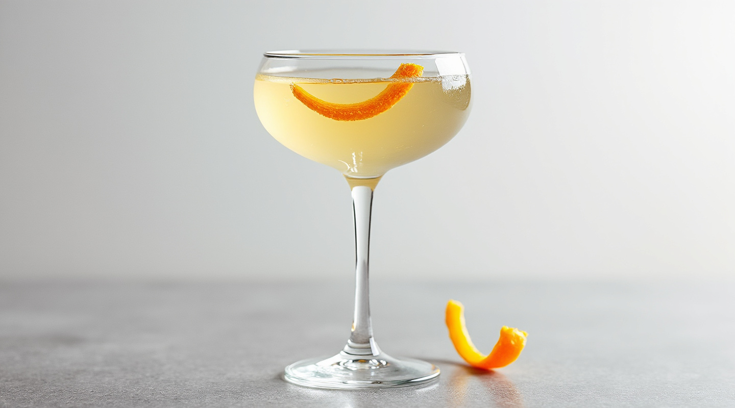 A beautifully presented La Frangipane cocktail in a Nick & Nora glass with an orange zest twist garnish.