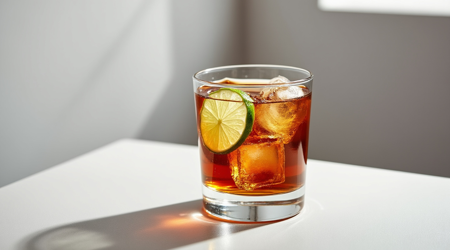 A glass of Fernandito cocktail with a lime wedge garnish