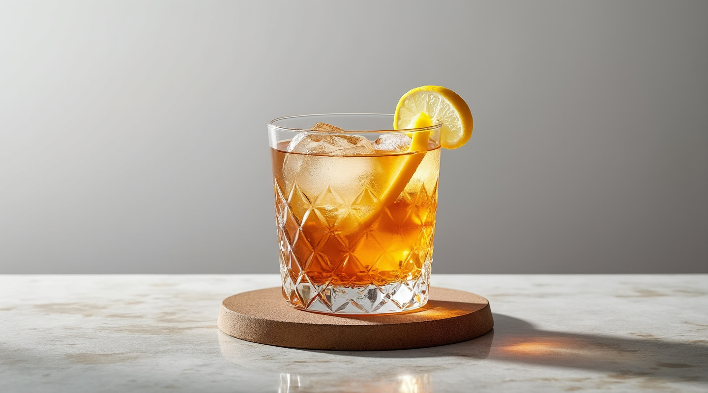 Monte Carlow cocktail in an Old-Fashioned glass with lemon zest garnish