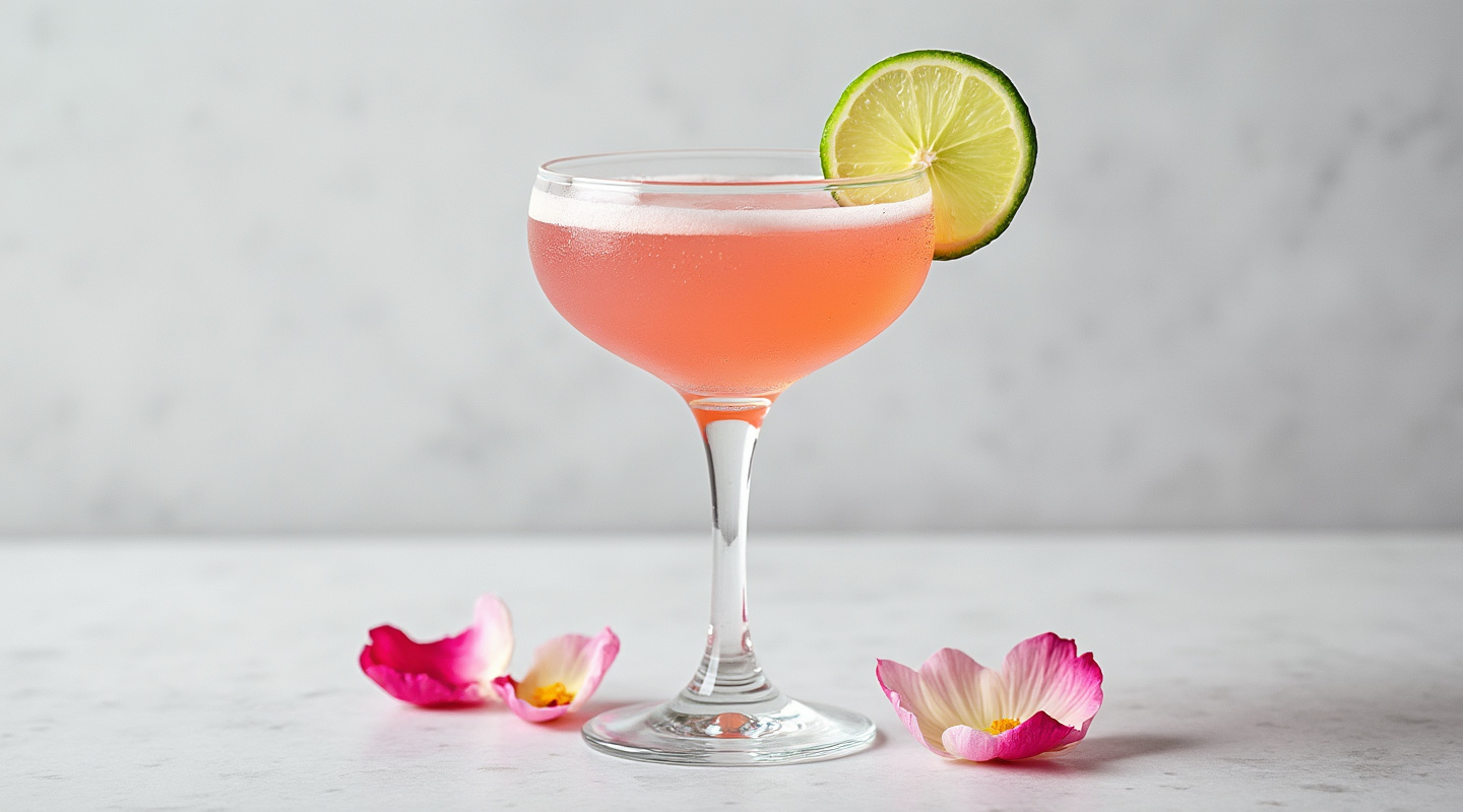 Rose Margarita in a Coupe glass garnished with a rose petal
