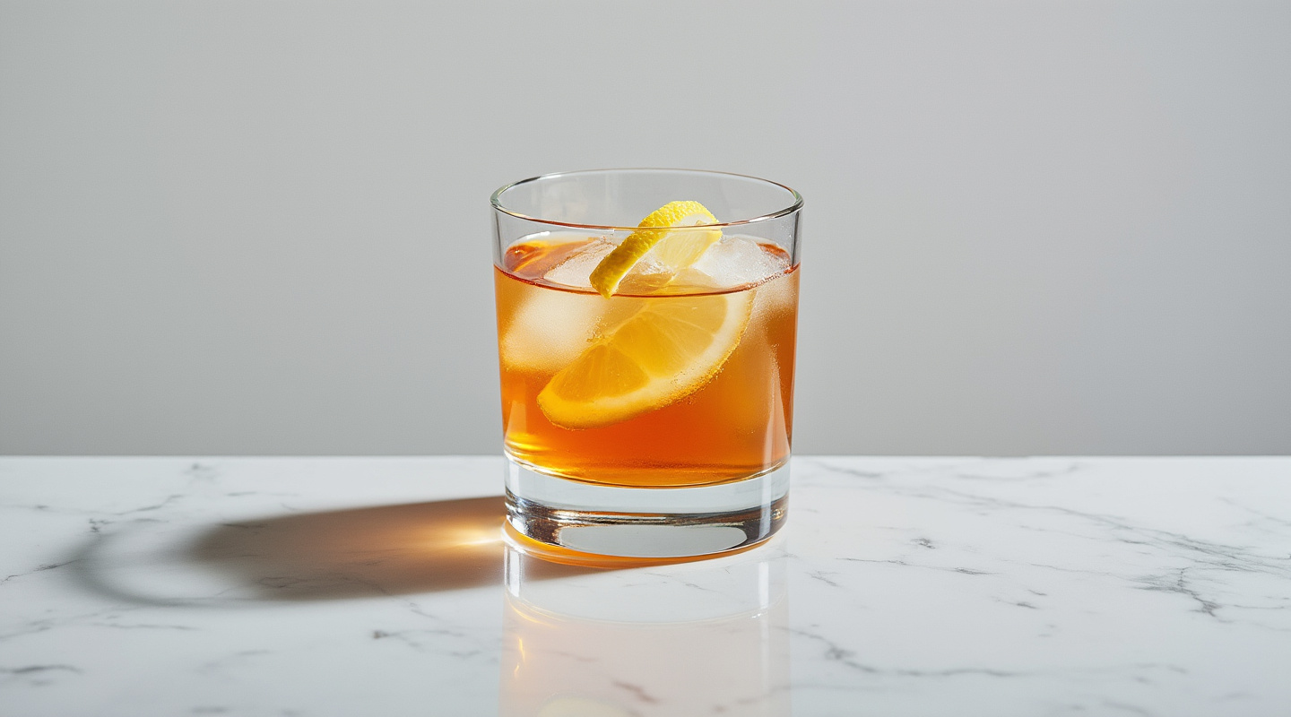 The Project cocktail served in a chilled Nick & Nora glass with a lemon zest twist garnish
