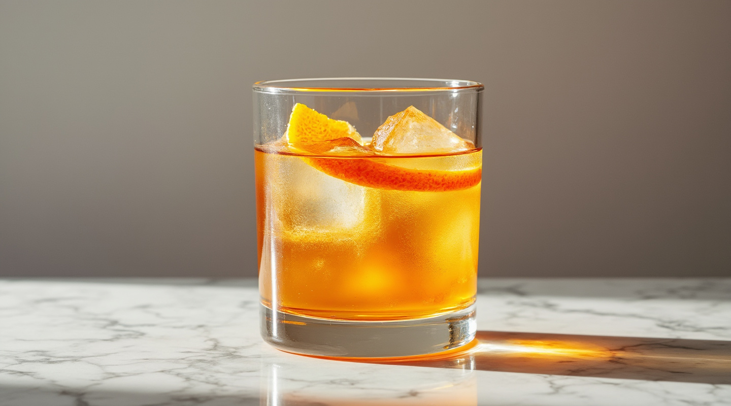 Rhymes With Orange cocktail served in a double old-fashioned glass with an orange zest twist