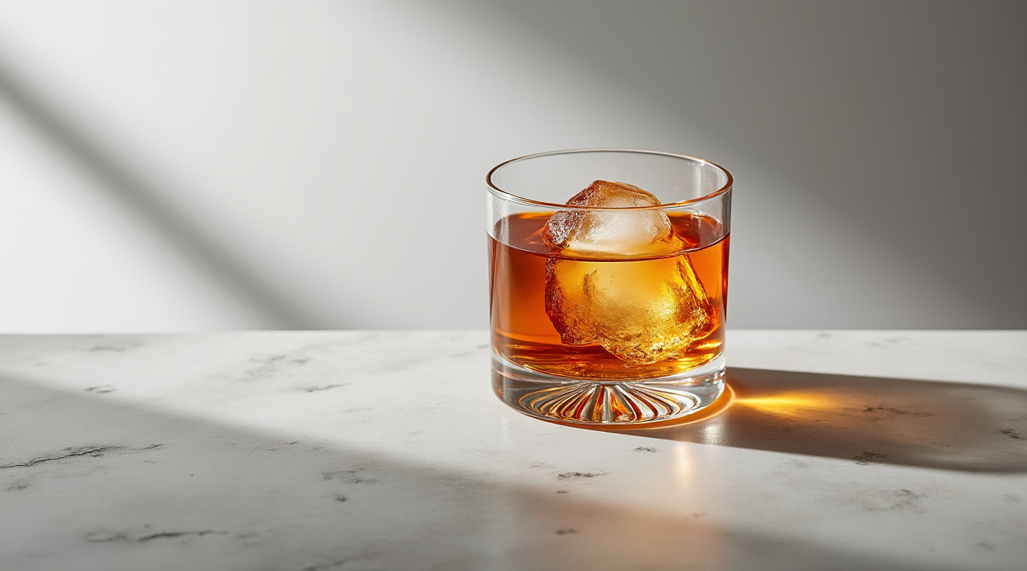 Misty Auld Fashioned cocktail served in a glass with a cube of ice