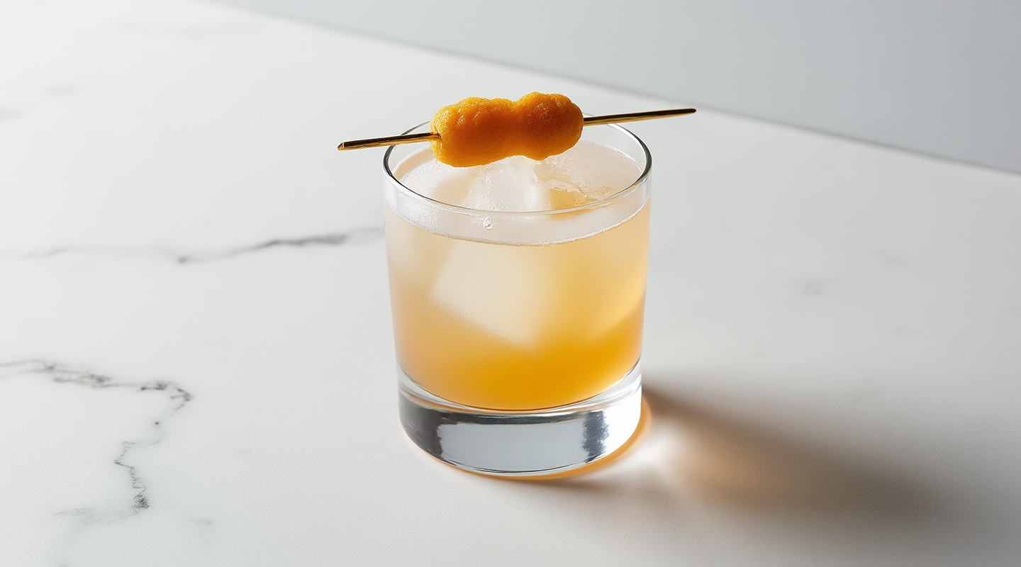 Phenoxy Penicillin cocktail served in a rocks glass with garnish