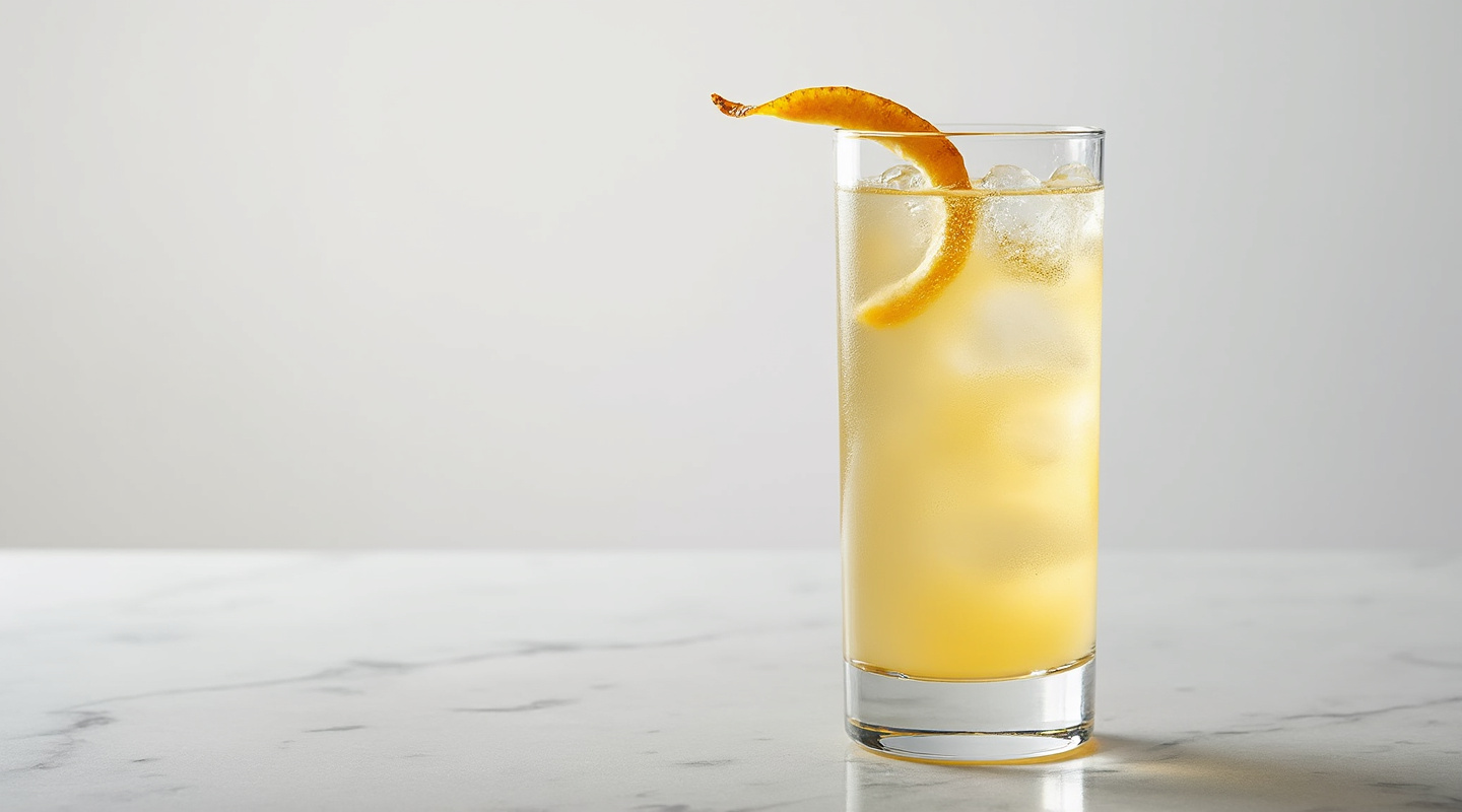 A glass of the Iz Bananaz cocktail filled with crushed ice