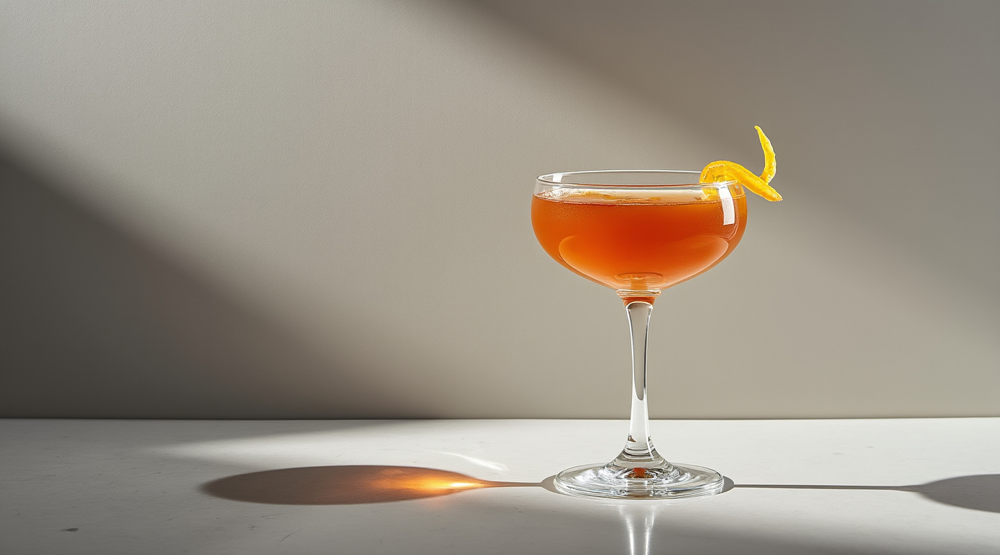 Pippin No. 2 cocktail in a coupe glass garnished with an orange zest twist
