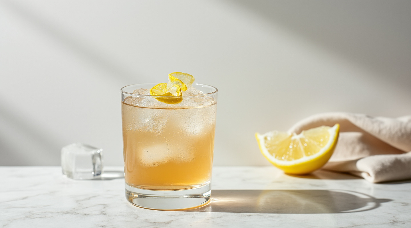 Créme Fresh in an old-fashioned glass with a lemon zest garnish.
