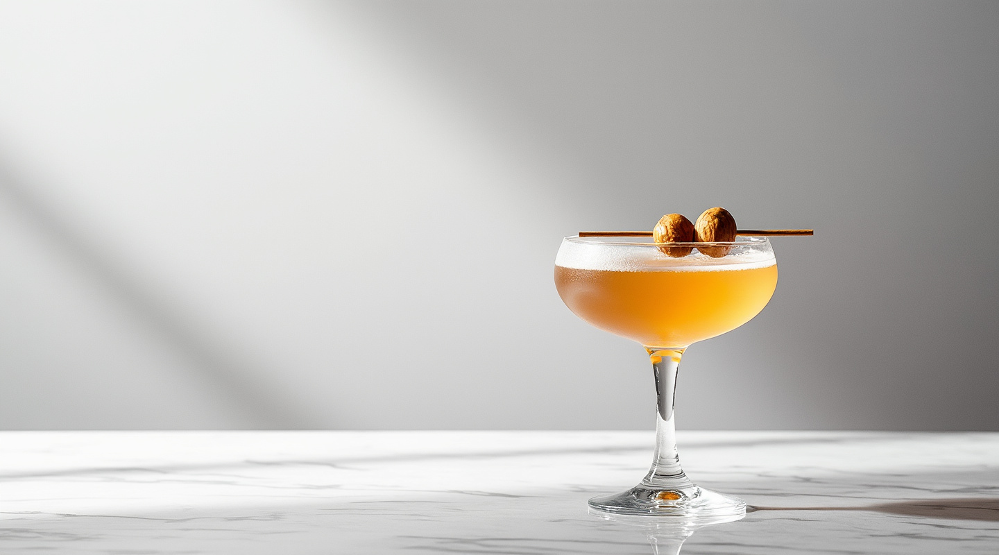 Carrol Cocktail in a Coupe glass garnished with a pickled walnut or onion