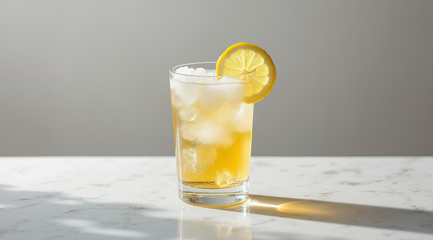 A refreshing Radler cocktail with lemon slice on top