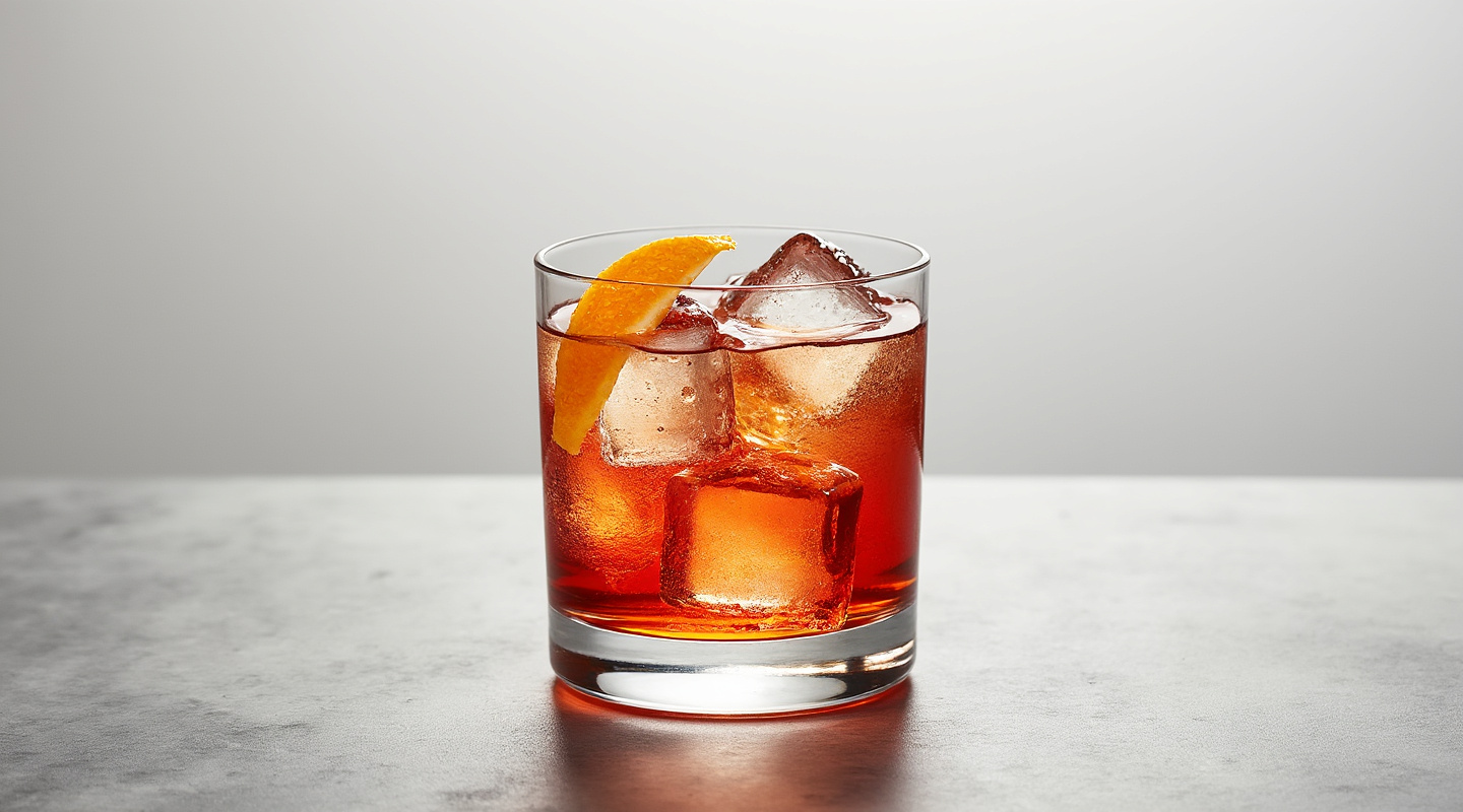 Lento Negroni cocktail served in a glass with an orange zest twist garnish