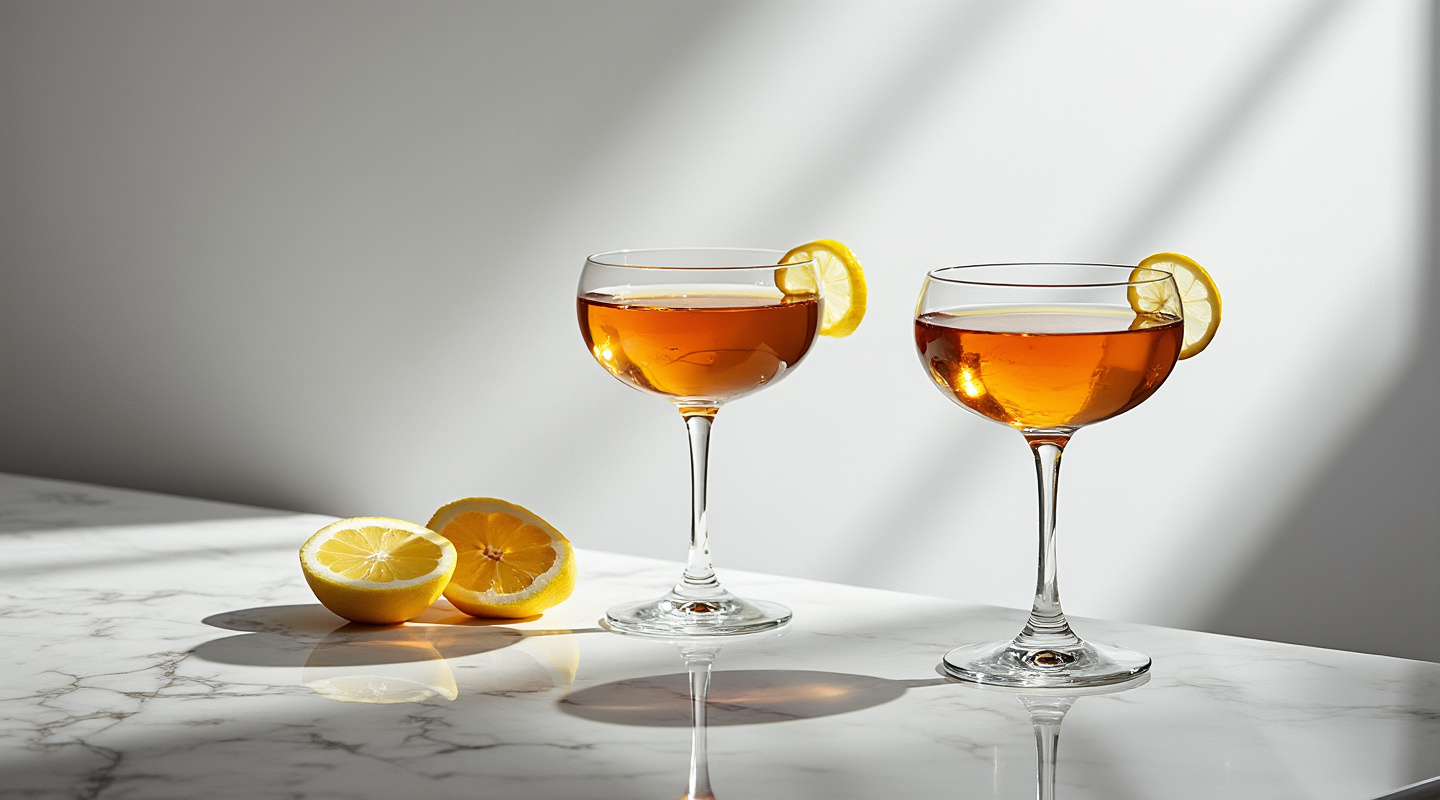 Longines cocktail in a chilled coupe glass garnished with a lemon zest twist