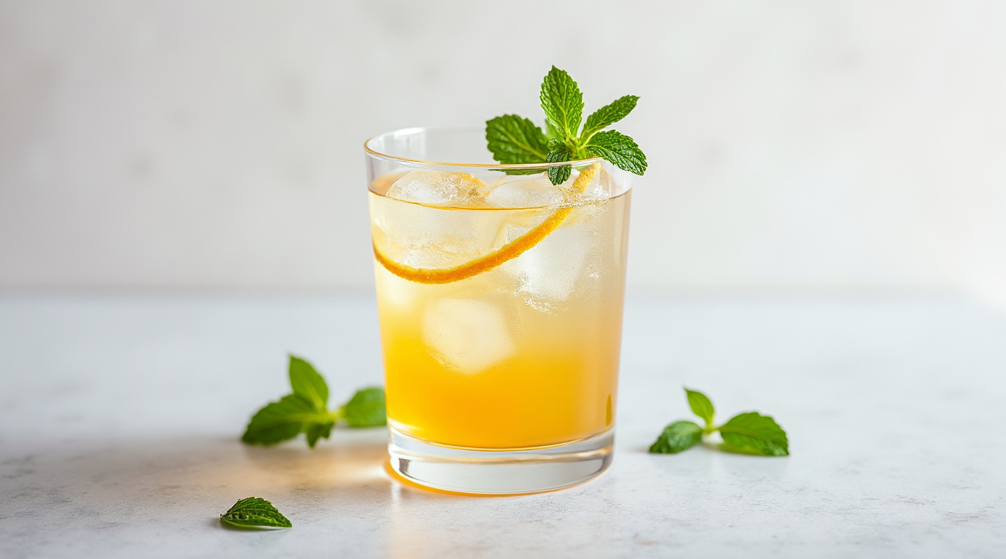 Charente Collins in a Collins glass garnished with mint sprig and orange zest twist