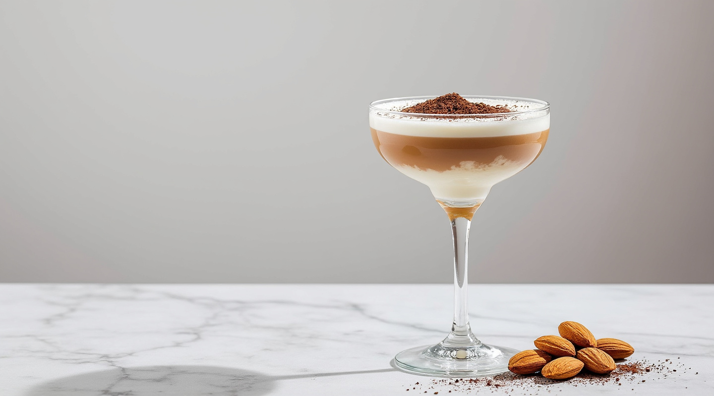 Almond Tiramisu cocktail garnished with chocolate powder