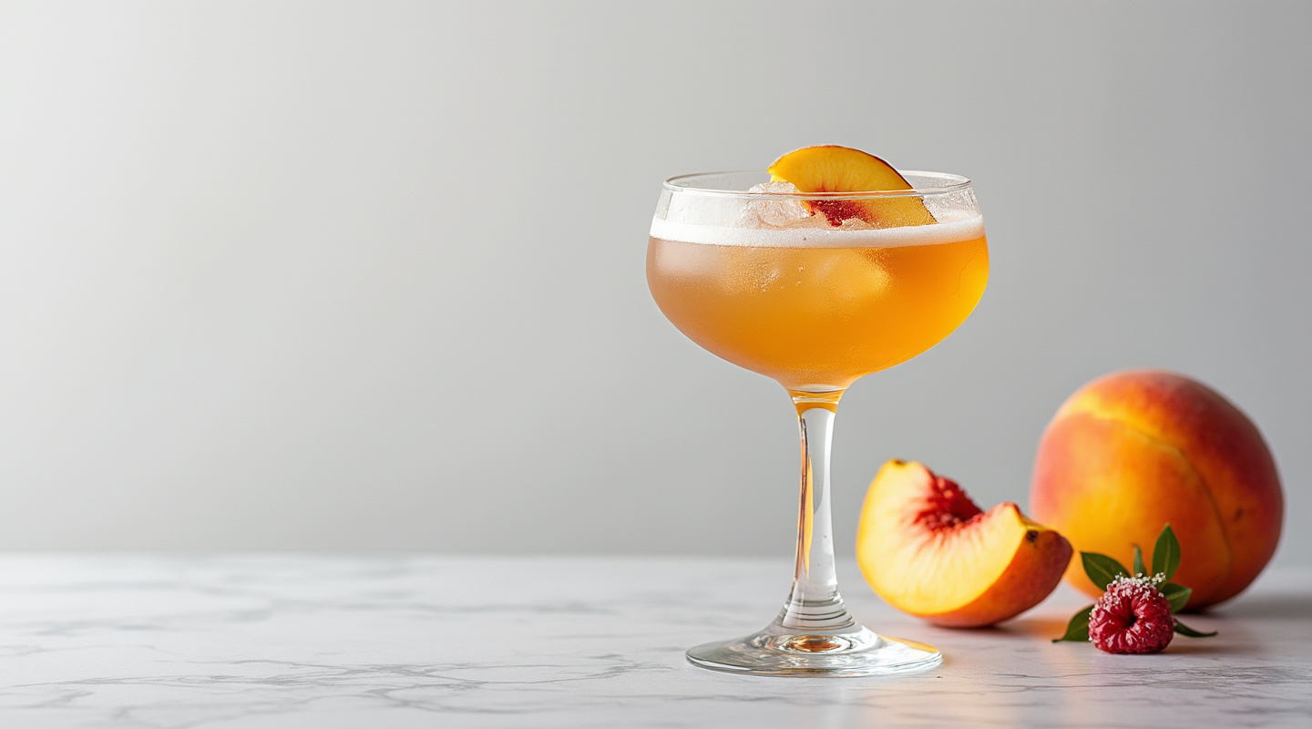 A flute glass filled with the rustic-looking Americana cocktail garnished with a peach slice.