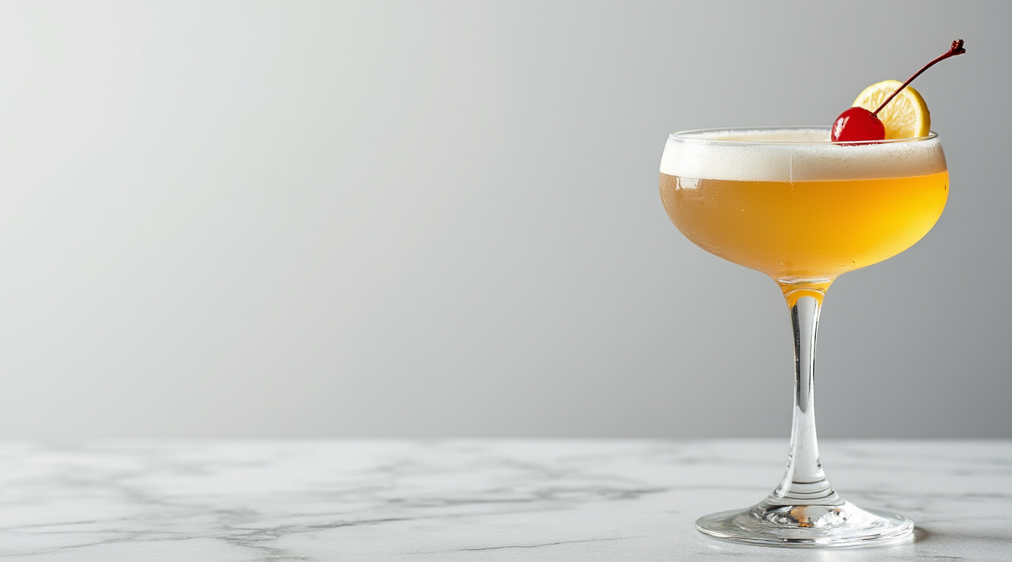 Banana Toronto cocktail served in a Nick & Nora glass with cherry garnish