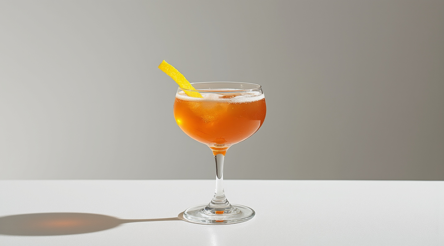 A coupe glass with The Reanimator cocktail garnished with a lemon zest twist