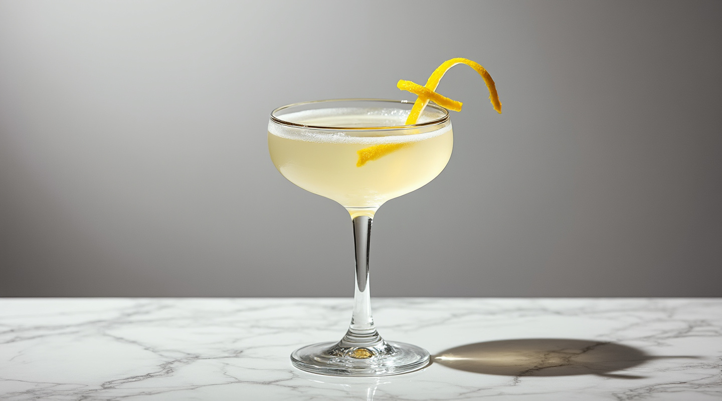 A Lucky Luke cocktail in a chilled Coupe glass with lemon zest garnish.