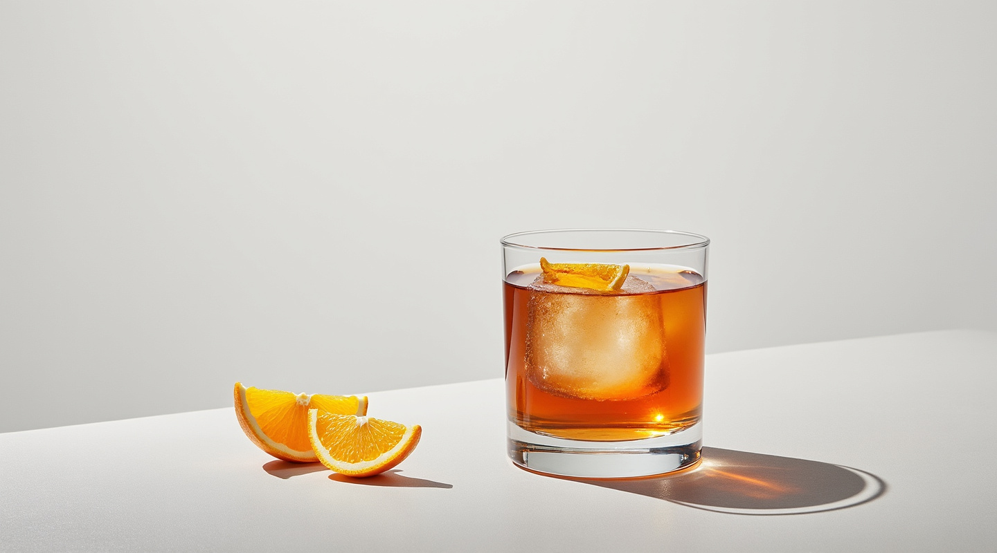 A sophisticated cocktail made with rye whiskey, Cynar, aperitivo, and vermouth, garnished with orange zest.