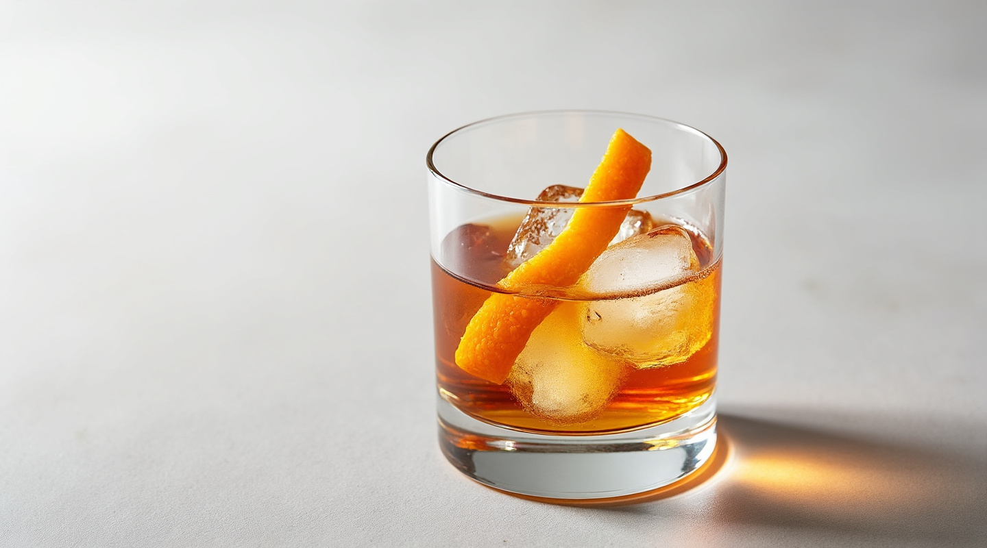 Tobacco Oaxaca Old Fashioned in a clear glass with ice and orange zest twist garnish