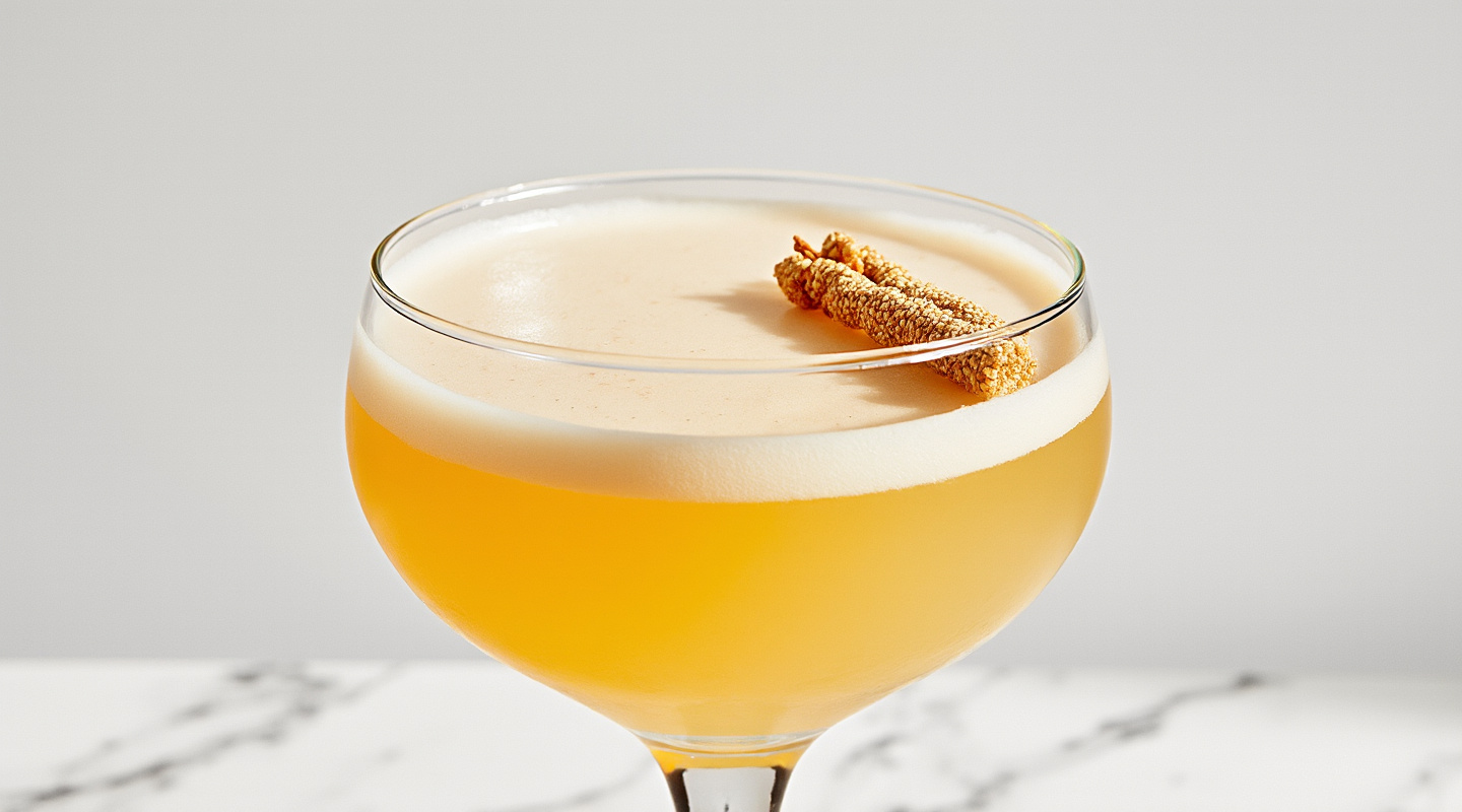 Nut Job cocktail in a coupe glass with a nutmeg garnish