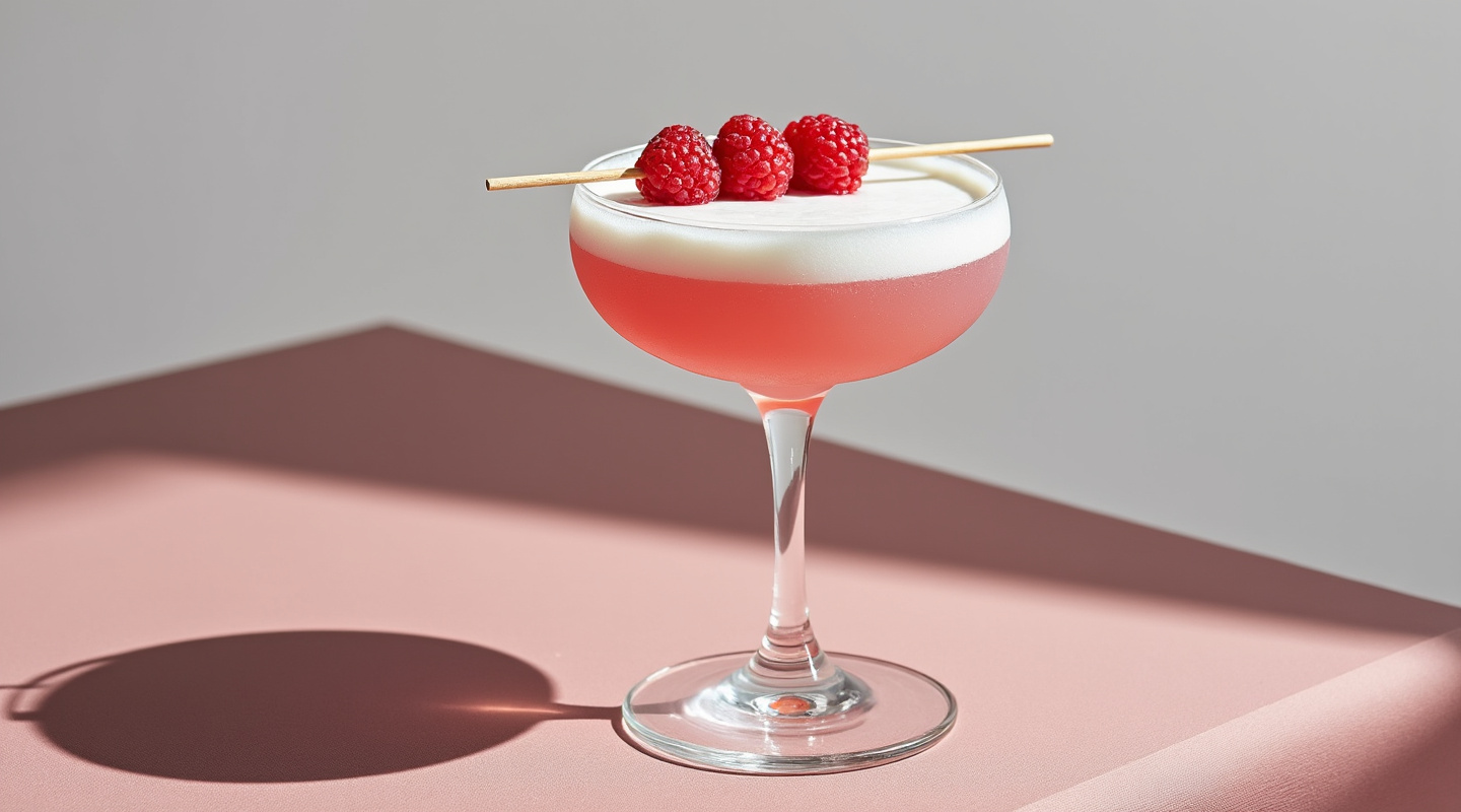 A glass of Beijo Sour served in a coupe glass with raspberry garnish.
