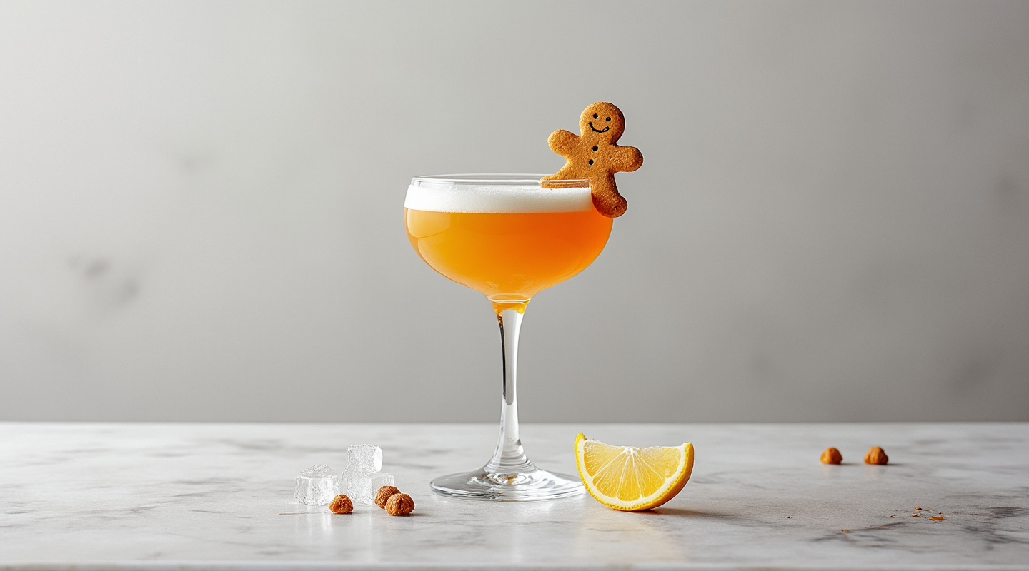 A festive cocktail served in a Nick & Nora glass, garnished with a mini gingerbread man and crystallised ginger.