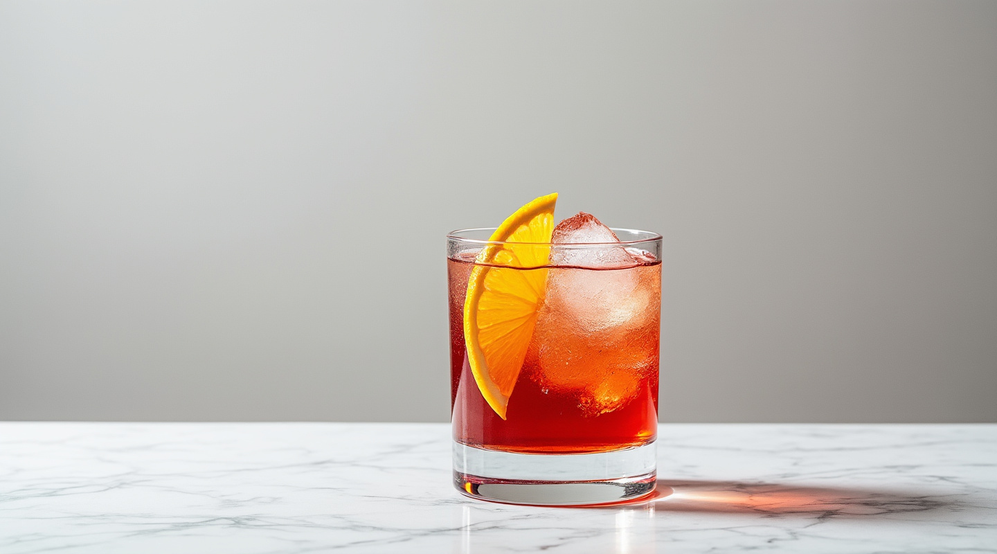 A bottle of Fridge Negroni with an orange slice garnish