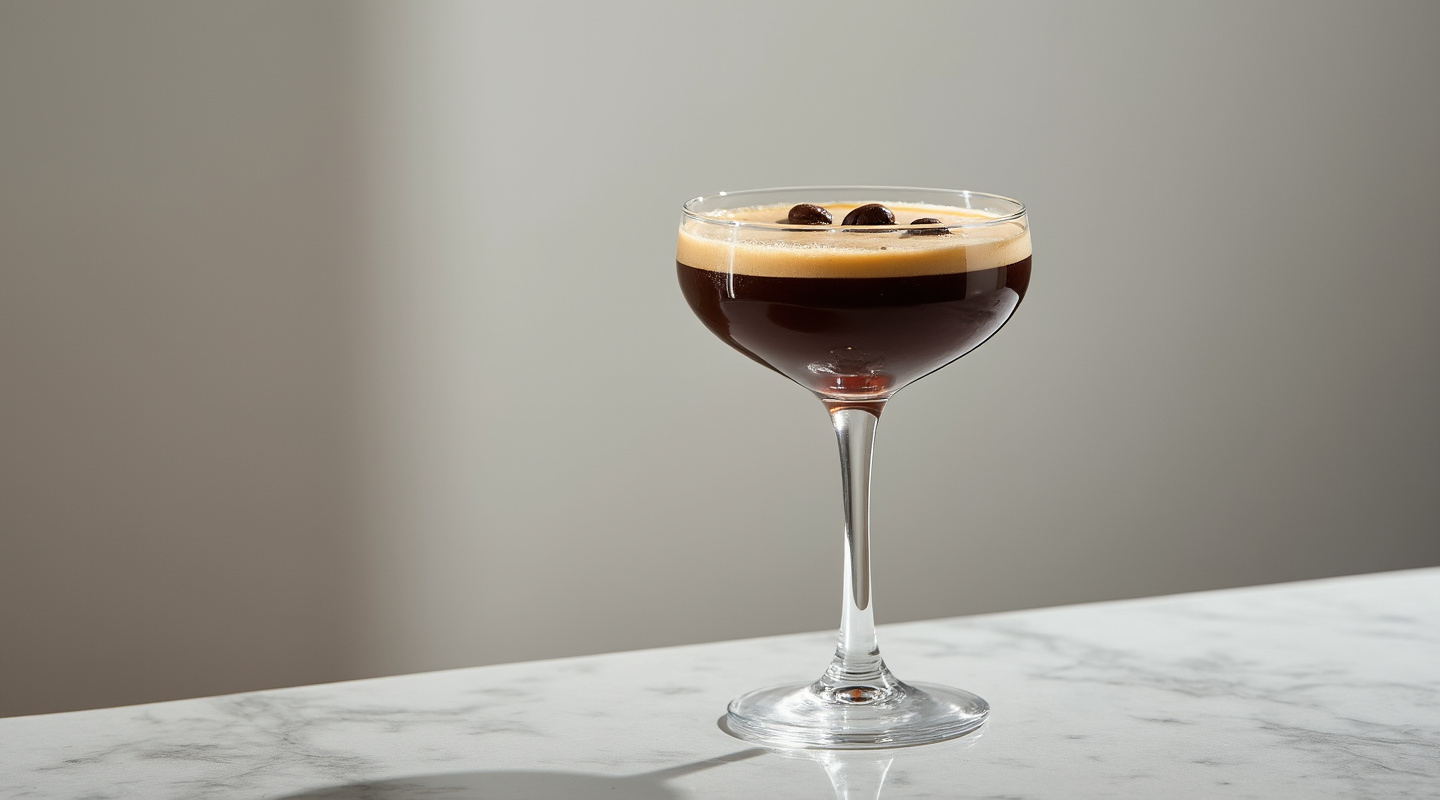 Café Do Brasil cocktail served in a chilled coupe glass with floating coffee beans