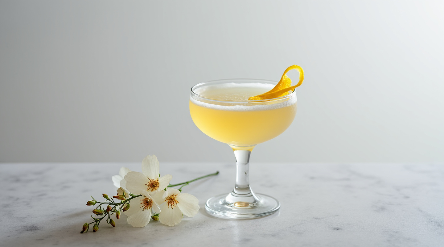 Polaris cocktail in a coupe glass garnished with a lemon zest twist